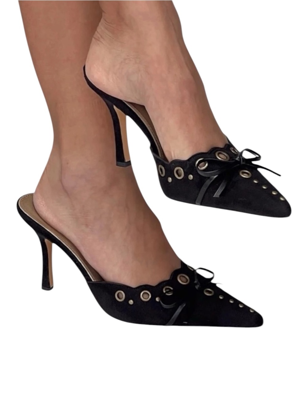 Black Suede Pointed-Toe Mule Heels with Gold Eyelet & Leather Detail